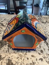Ceramic Bird House Hand Painted Garden Decor Swirls & Multi Colored Flowers