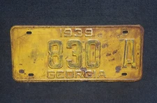 1939 GEORGIA License Plate Low # 830 A