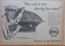 1947 newspaper ad for Shell - Mechanic examines engine, squeak exterminated