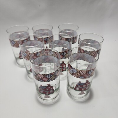 8 MCM Libbey Home Sweet Home Tumblers Country House Glasses Blue Red