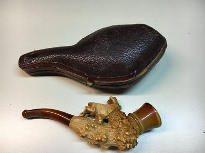 RARE Old Meerschaum Amber Carved Pipe Briar Pig Hog Animal With Original Case