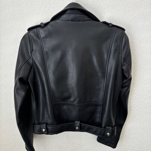 Zara Faux Black Leather Cropped Biker Motocycle Jacket Belted Women's Size S - Picture 2 of 6