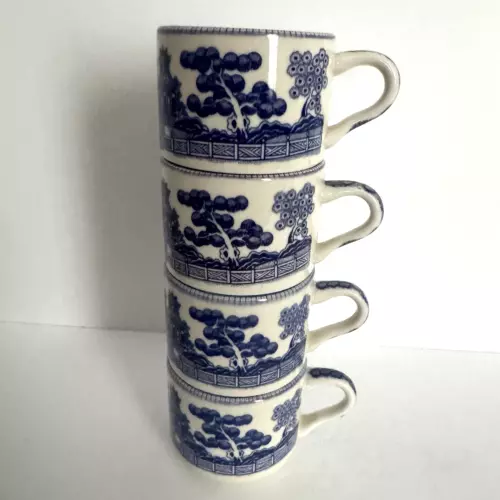 Oneida Blue Willow Coffee Cups – Set of 4 Vintage China Tea Mugs Blue & White