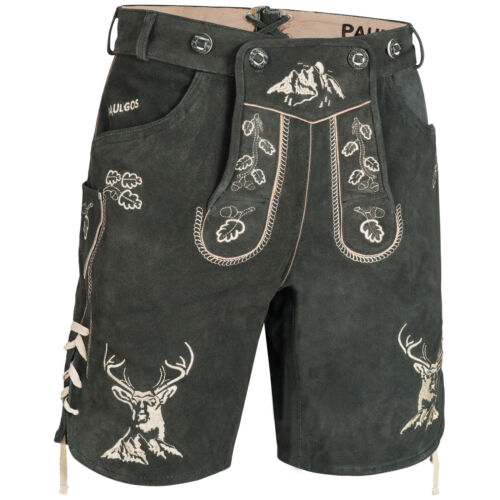 PAULGOS Hombre Pantalones Tradicionales Cuero + Tiras Cuero Auténtico Cortos 3 Colores 44-60 HK4 - Imagen 4 de 16
