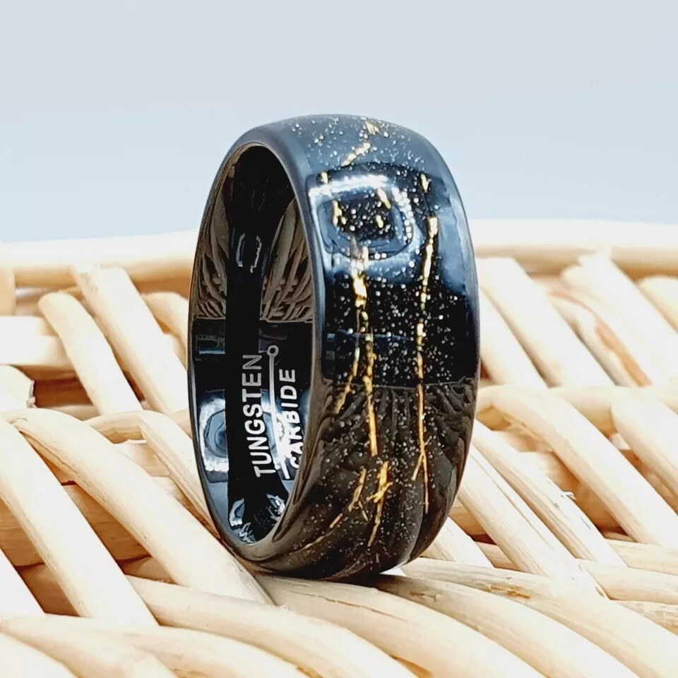 Meteorite Galaxy Ring Personalized Tungsten Wedding Band Black Anniversary Ring