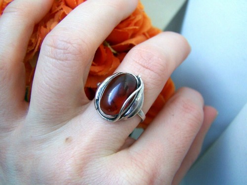 GORGEOUS VINTAGE MODERNIST 925 SOLID STERLING SILVER AMBER RING SIZE P 7.5 - Picture 4 of 10