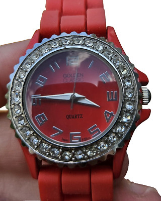 GOLDEN CLASSIC Red Silicone Watch Rhinestone Working Japan Movement Jewelry