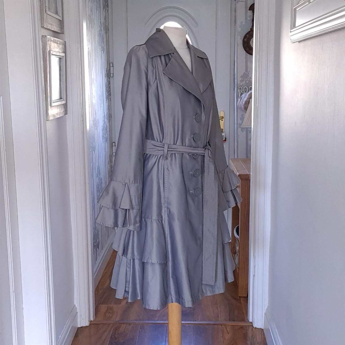 Per Una Silver Grey Belted Mac Jacket Trench Party Coat Occasion Ruffle  Frill 10