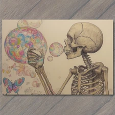 Art Print Skeleton Blows Butterflies Through Bubble Stream Fantasy Skull Style