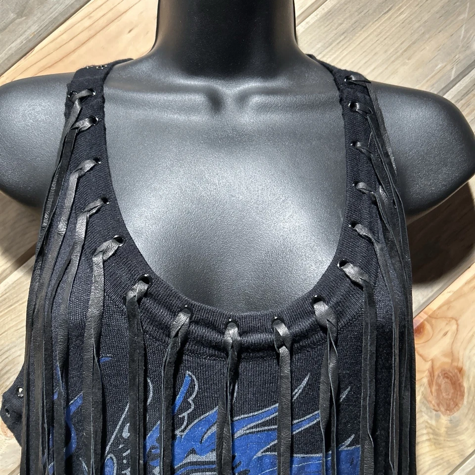 RARE Y2K ED HARDY METALLIC DRAGON TATTOO GROMMET FRINGE RACERBACK TANK DRESS XL - Image 2 of 4
