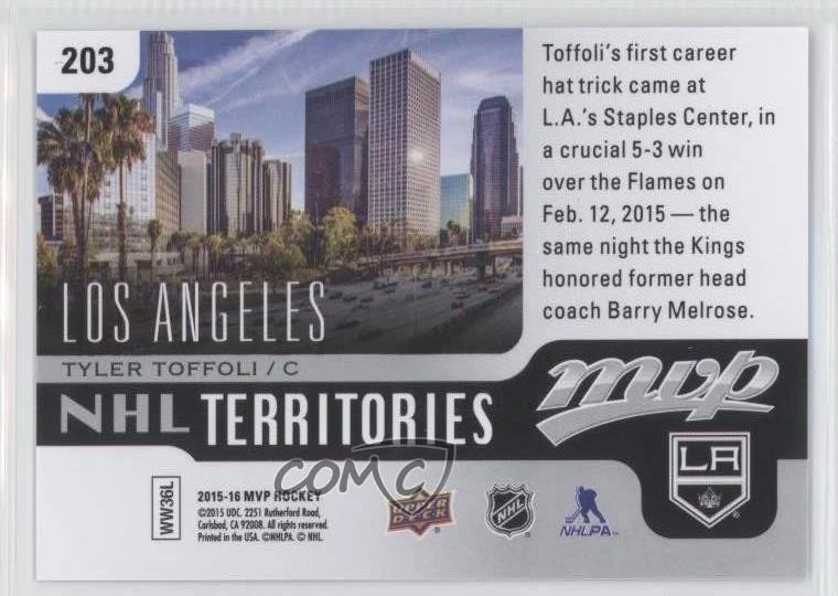 2015-16 Upper Deck MVP NHL Territories Tyler Toffoli #203 - Image 2 of 2