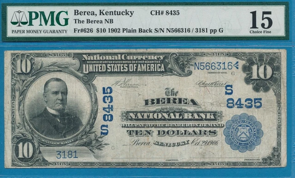 $10. 1902 P.B. THE BEREA .N.B. OF KENTUCKY CHARTER. #8435 PMG F15 - Image 2 of 3