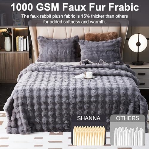 Soft Warm Faux Rabbit Fur Throw With Ruffles - Thick 1000 100 x 160cm Dark Gray - Bild 4 von 7