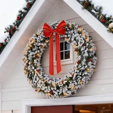 60in Christmas Wreath Pre-lit Snow Flocked w/ Lights, Ornaments for Holiday