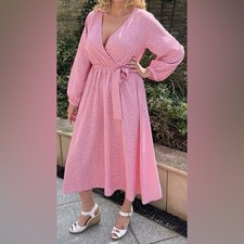 NWOT SHEIN Pink White Hearts Fit Flare Faux Wrap Midi Dress M **No Belt (A6)