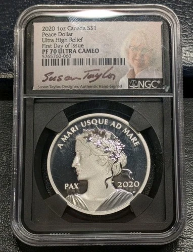 2020 Canada Silver Ultra High Relief Peace Dollar. NGC PF70. Susan Taylor Auto