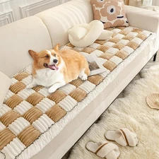 Fluffy Couch Cover for Pets - Large Cream-Coloured Fuzzy Plaid Square Pet Mat...