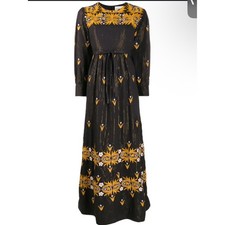 Antik Batik Black Gold Stripe Maxi Dress Embroidered Belted Long Sleeve S/38