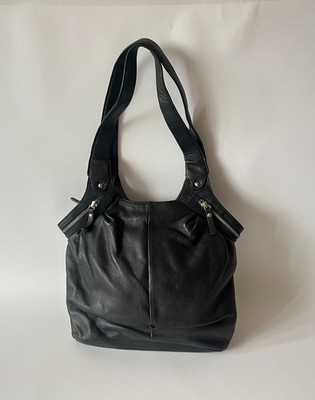 Marc Picard Black Real Leather Shoulder Tote Bag Slouchy Hobo Style Zipper Top