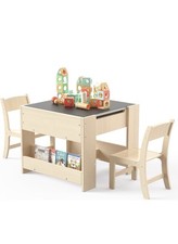 4-in-1 Kids Desk with 2 Chairs - Birch Wood Activity Table with Reversible White