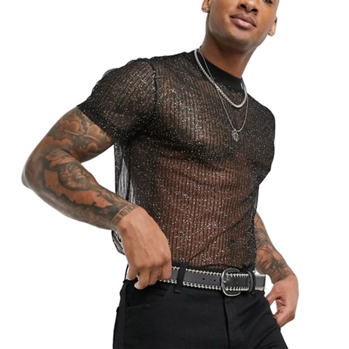 Men s Mesh Fitted T-shirt See Through Muscle Top Shiny Short-sleeve T-shirt Gift - Picture 5 of 12