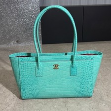 Women's Elegant Turquoise Croc Leather Tote Bag with Red Lining