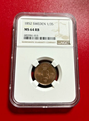 1852 SWEDEN 1/3 SKILLING NGC MS 64 RB HIGH GRADE