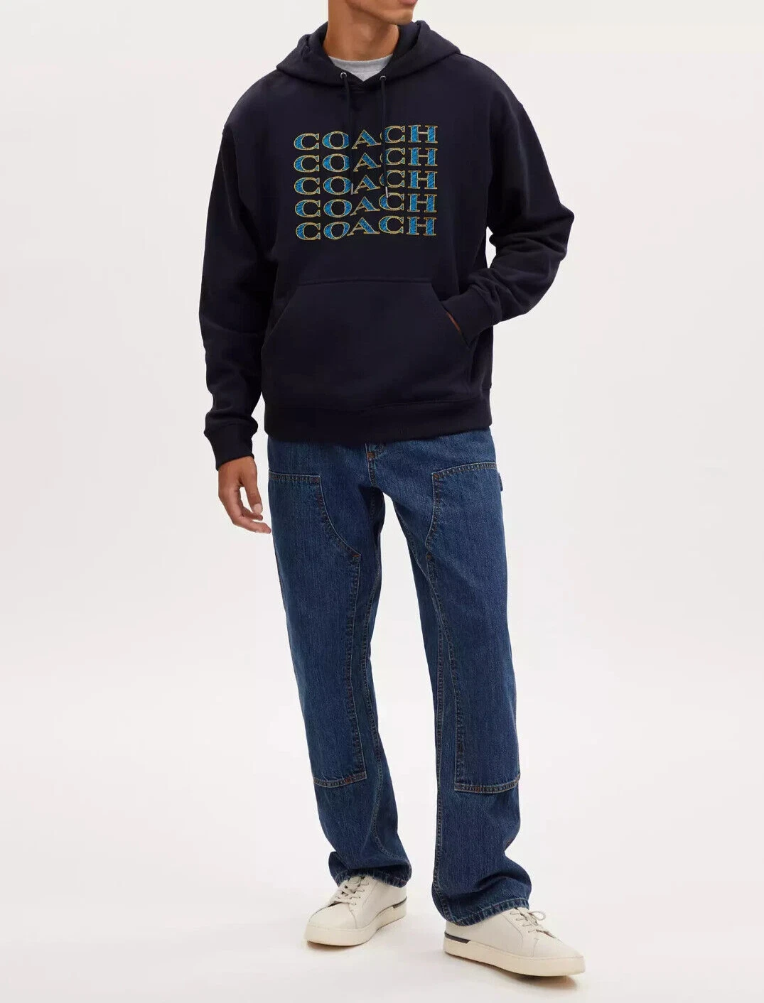 Coach Felpa con Cappuccio Uomo Navy Logo Signature Stack (CM828) Taglia XL Nuova con etichette