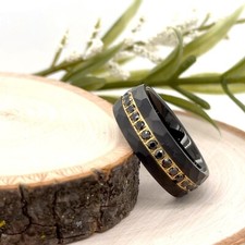Brushed Hammered Design CZ Wedding Band 8MM Black  Gold Tungsten Christmas Ring
