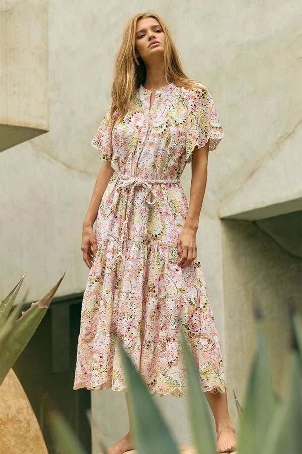 sophie midi dress Green Printed Midi Dress – Bell Sleeve Wedding Guest