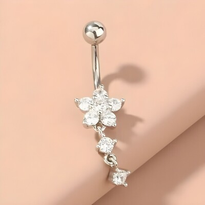 3CT Round Lab Created Diamond Flower Belly Button Ring 14K White Gold Finish