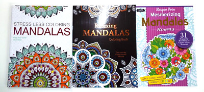 3 Lot: Mandalas Coloring books: Stress Less Coloring, Relaxing,  Mesmerizing NEW