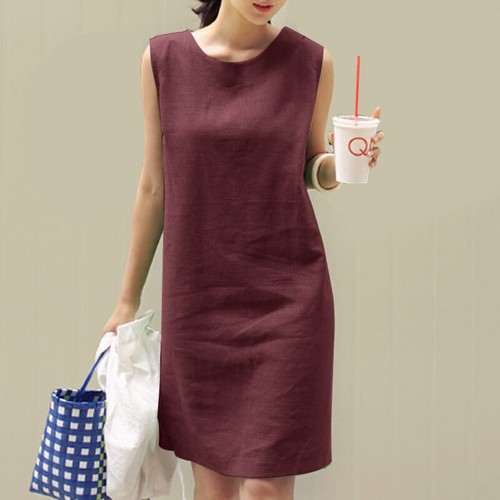 Womens Cotton Linen Sleeveless Mini Shift Dress Summer Beach Solid Sundress PLUS - Picture 9 of 17