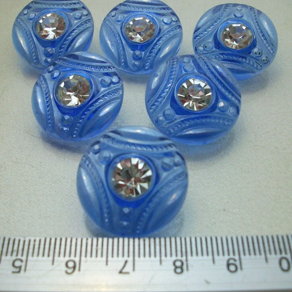 SET OF 6 (SIX) BLUE CZECH GLASS BUTTONS WITH RHINESTONE 9/10" 23 mm - Image 3 of 4