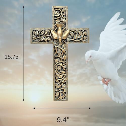 Golden Bronze Tone Dove Wall Cross Spiritual Art Holy Spirit Wall