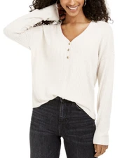 Hippie Rose Juniors' Henley Waffle Knit Top Brown Size Medium