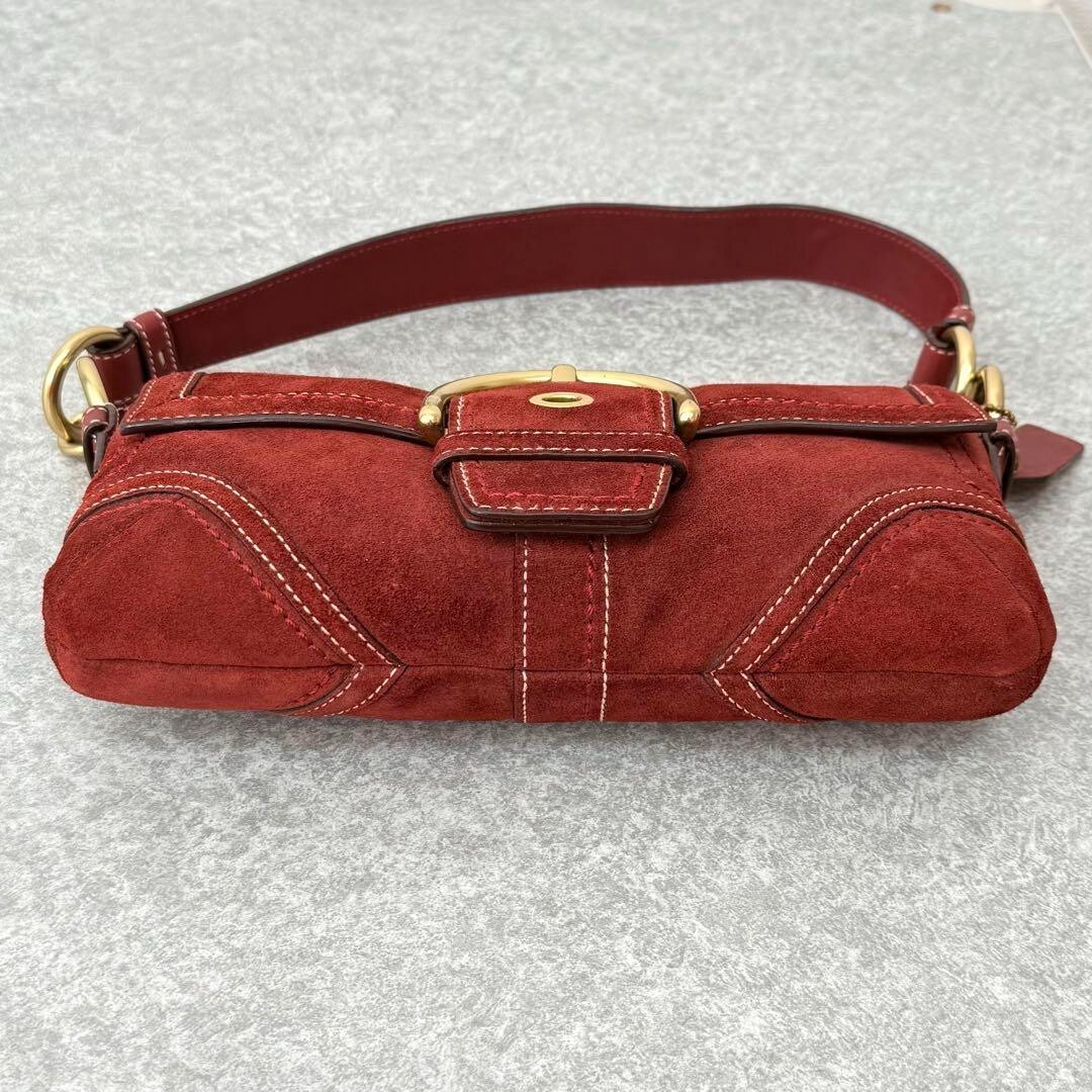 COACH Soho Demi Flap Shoulder Bag Suede Red Gold Used w/Dust