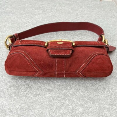 COACH Soho Demi Flap Shoulder Bag Suede Red Gold Used w/Dust