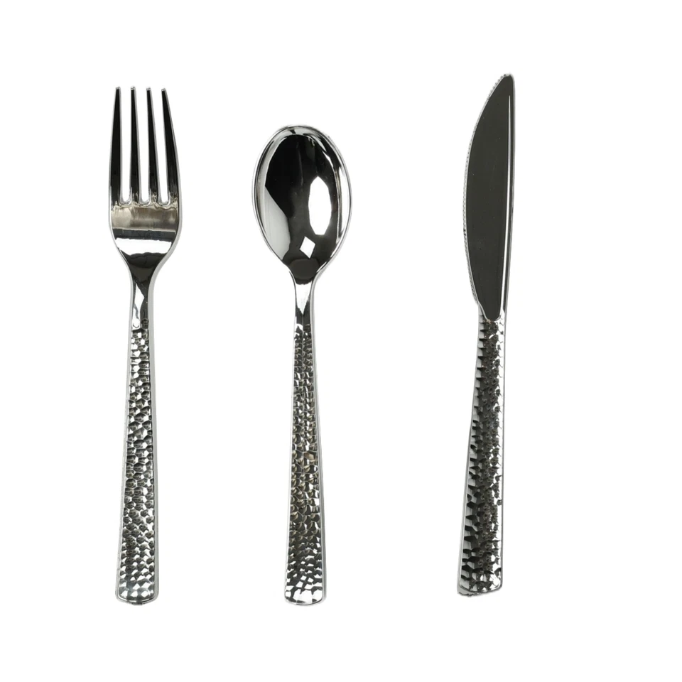Vajilla de plástico 120 piezas platos de plástico plateados cucharas tenedores y cuchillos para fiesta Foto 2 de 4