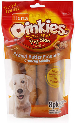 1 BAG 8 COUNT HARTZ Oinkies Smoked Pig Skin Twist Peanut Butter DOG CHEW
