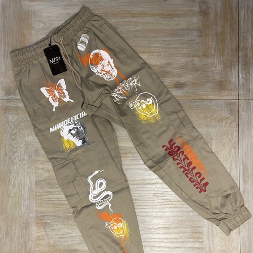 Herren Cargohose beige groß Graffiti bedruckt Hose Stein Boohoo Mann UVP £50 - Bild 9 von 12