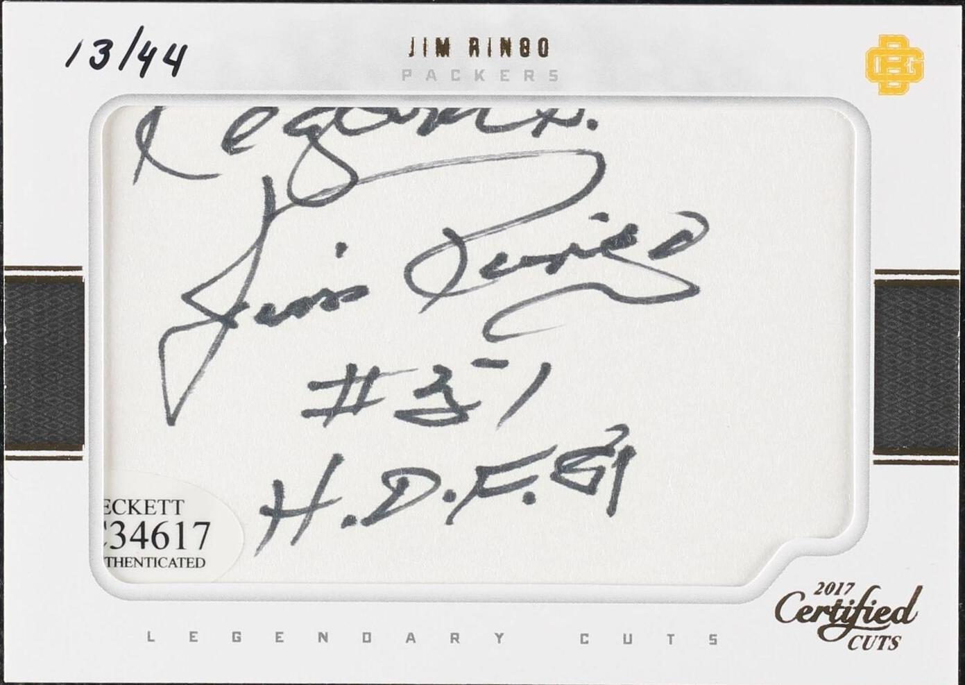 2017 Panini Certified Cuts - Legendary Cuts Jim Ringo #LC-JR /44 (AU ...