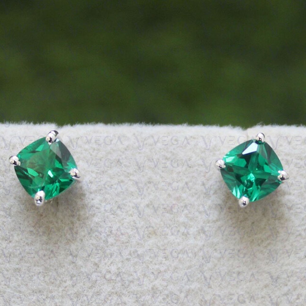 Cushion Cut Natural Emerald Push Back Stud Earring 14K