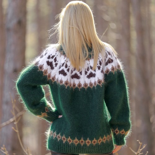 Green mohair sweater with paws Icelandic fuzzy hand knitted jumper SUPERTANYA XL - Picture 5 of 5
