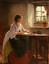 Oil painting haynes king - the letter young nice countrywoman by window flowers