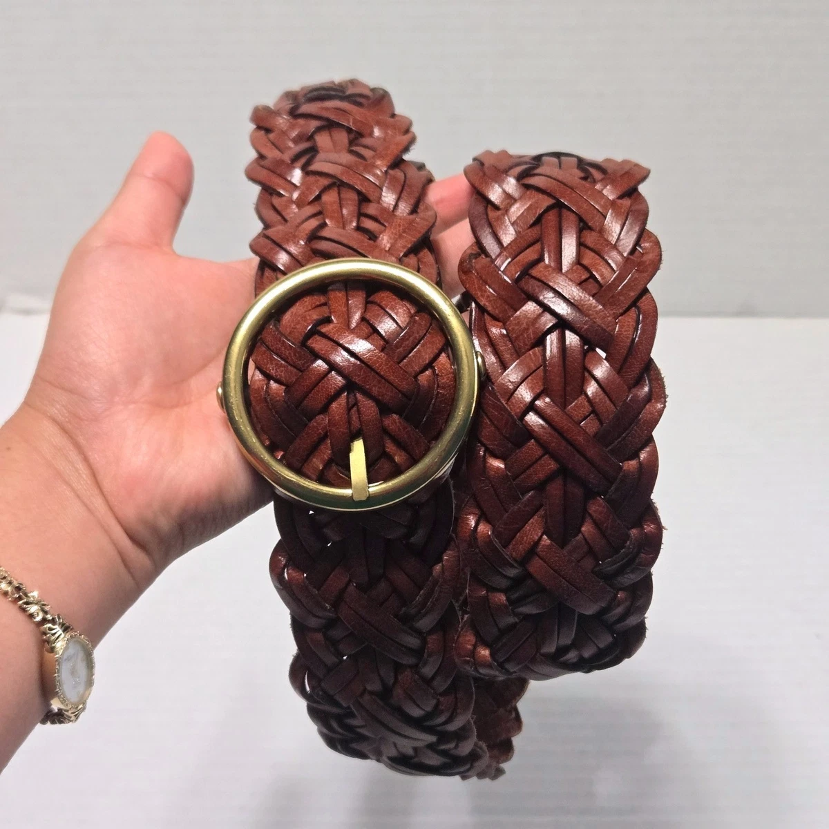 NEW Ann Taylor Women S Metallic Gold Woven Leather Wide Belt Ring Buckle Ann Taylor Women main image 4