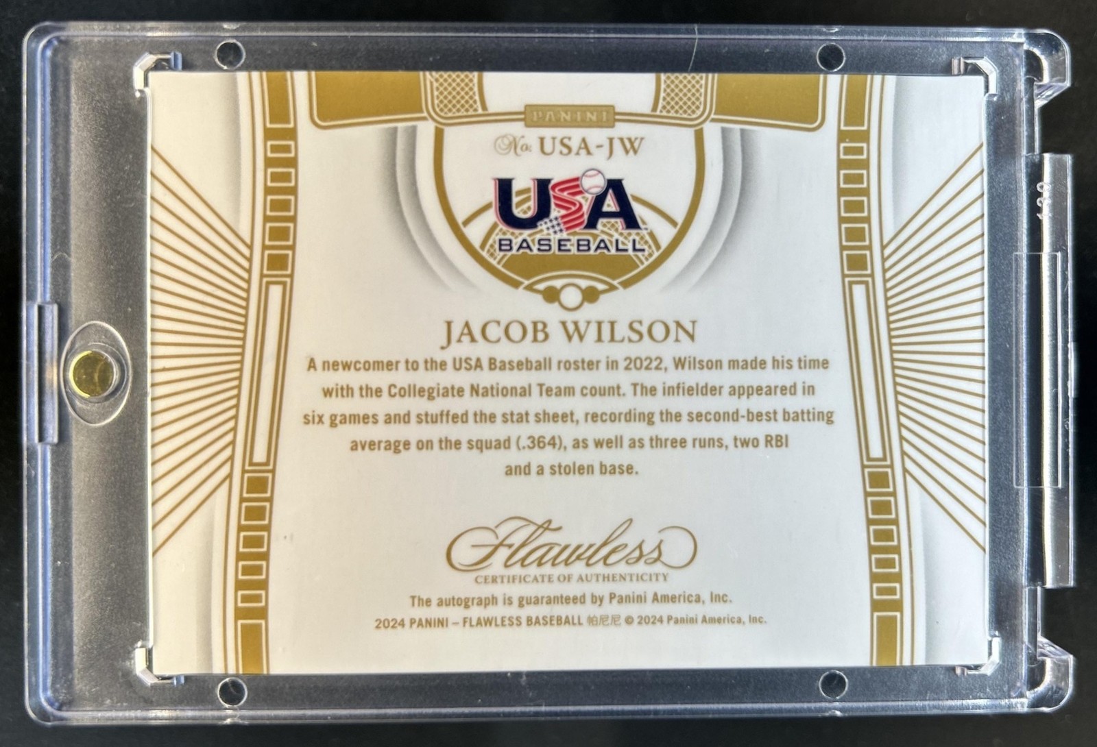 2024 Panini Flawless Jacob Wilson USA Baseball Signatures Emerald Auto #/5 view 2
