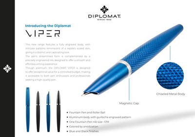 Diplomat Viper Blue Fountain Pen New Collection Made In Germany Mint Original