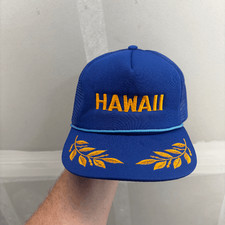 Vtg Hawaii Rope Hat Snapback Blue Trucker Cap Foam Mesh Gold Leaf Scrambled Eggs