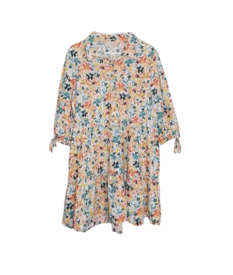 Eclect Ladies 3/4 Sleeve Tiered Dress Floral Cotton Shirt Dress XL VGC